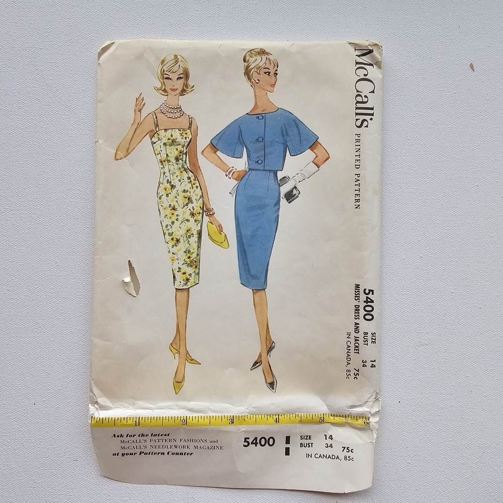 1960s Vintage 34" Bust McCalls 5400 Bell Sleeve Jacket Dress Set Sewing Pattern